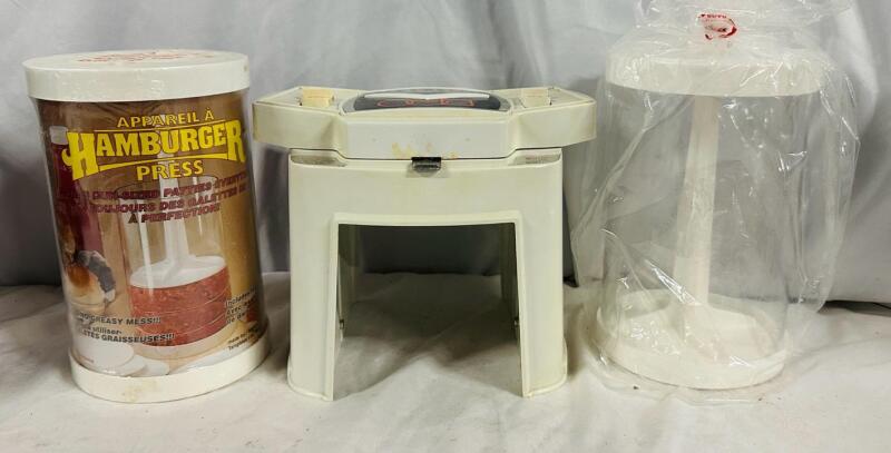 3 Vintage Food Appliances, Includes Vegomatic Food Preparer and 2 Hamburger Presses