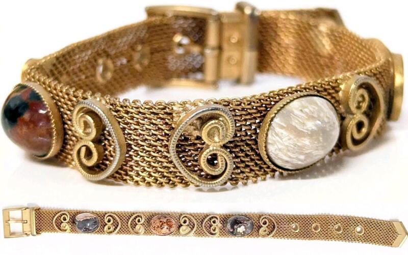 2 Really Neat Vintage Mesh Buckle Bracelets With Bezel-Set Polished Semi-Precious Stones, 9" Long Each