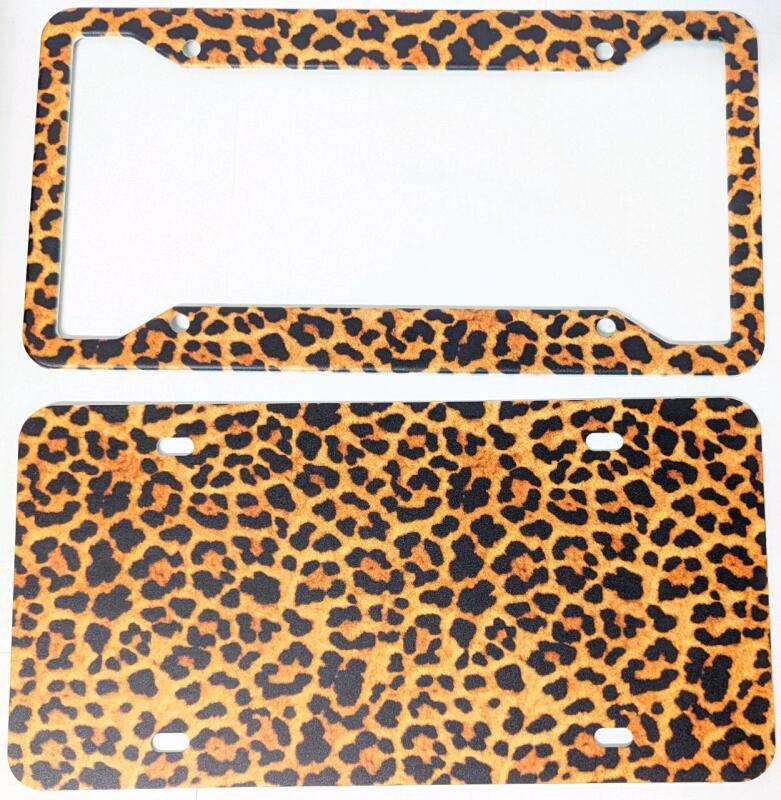 New 2pc Metal Leopard Print License Plate Frame. Includes Front Frame & Plate, 12" &times; 6" (Hardware, Nuts/Bolts Not Included)