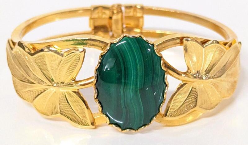 Vintage 50s-60s Presumed Malachite Leaf Spring Bracelet, 2.5" &times; 2"