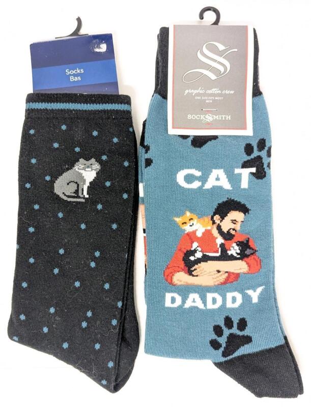 2 New Pairs Size 9-11 Women's / Size 7-12.5 Men's Cat Socks ; Reitman's & Sock Smith Cat Daddy