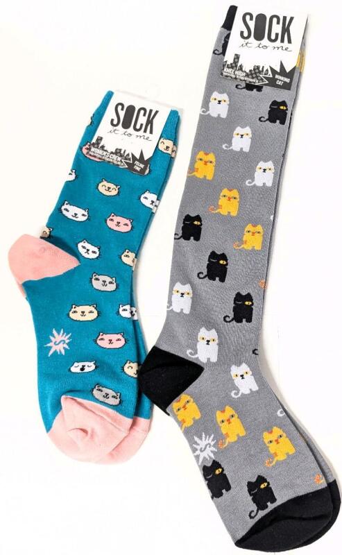 2 New Pairs OS Women's SOCK IT TO ME : Feline Fine Women's Crew & Winking Cat Knee Highs