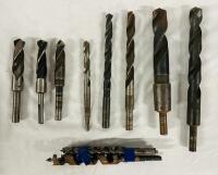 13 Large Drill Bits, Various Diameters and Lengths, Longest Measures 11&rdquo;, Widest Measures 1&rdquo;