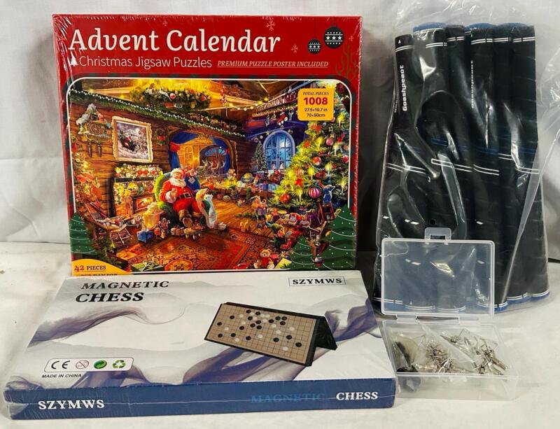 Assorted Games and Sporting Goods, Includes 13 Goashpeaot Golf Club Grips, Archery Arrow Points (Various Sizes), Magnetic Go Game, and 1008Pc Advent Calendar Puzzle