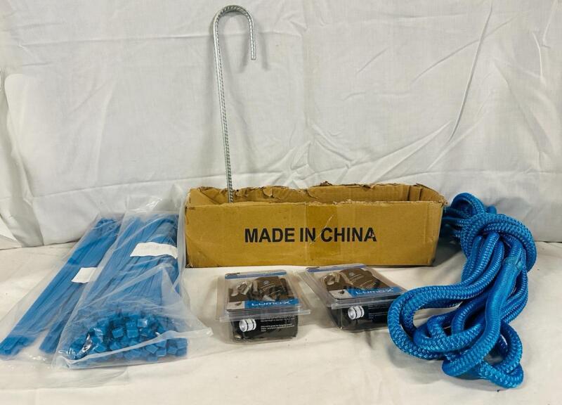 Assorted Fastening Equipment, Includes 2 New Lumox Rope Ratchet Hangers, Approx. 25&rsquo; of Rope, 8 Long Anchor Stakes (15&rdquo;), and 100+ Zip Ties (12&rdquo;)