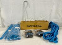 Assorted Fastening Equipment, Includes 2 New Lumox Rope Ratchet Hangers, Approx. 25&rsquo; of Rope, 8 Long Anchor Stakes (15&rdquo;), and 100+ Zip Ties (12&rdquo;)
