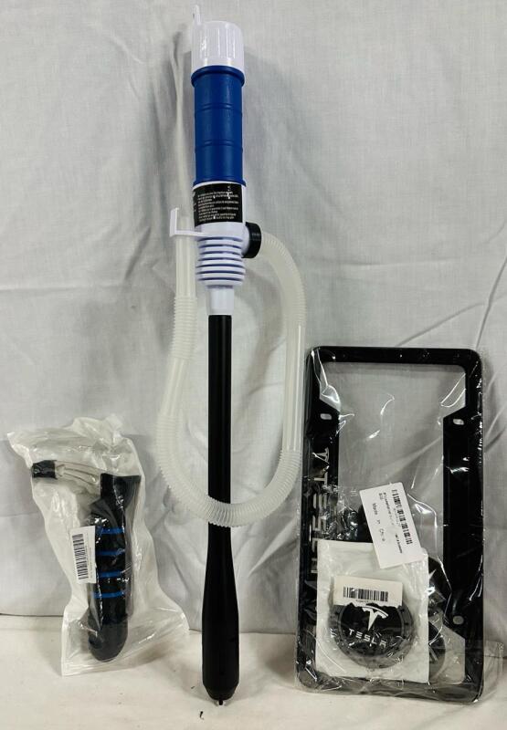 3 Car Accessories/Tools, Includes Battery-Operated Siphon Pump, Door Handle Easy Opener, and Tesla License Plate Set