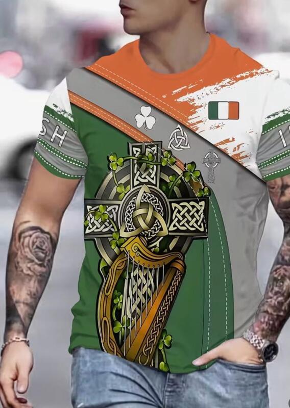 New Men's Size XL 3D Printed Celtic Irish Heritage T-Shirt - Shamrock, Harp & Celtic Cross Design Vibrant Green/Orange/White/Black 100% Polyester Machine Wash Stock photos added
