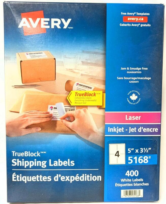 New AVERY 5168, 5" &times; 3&frac12;" Laser Inkjet TrueBlock Shipping Labels, 400 White Labels, Retails Over $50