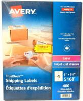 New AVERY 5168, 5" &times; 3&frac12;" Laser Inkjet TrueBlock Shipping Labels, 400 White Labels, Retails Over $50