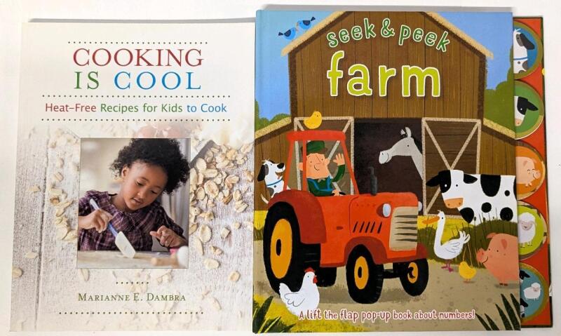 2 New Kid's Books: SEEK & PEEK FARM (Hardcover)+ COOKING IS COOL : Heat-Free Recipes for Kids to Cook by Marianne E. Dambra (Paperback)