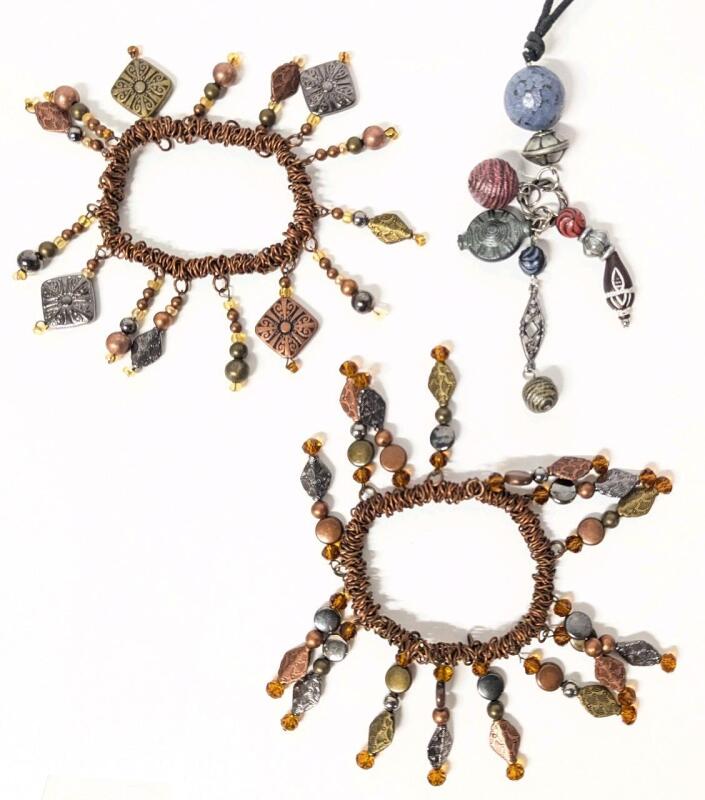 2 Neat Dangly Metal Expansion Bracelets & Dangly Necklaceon 30" Long Cord