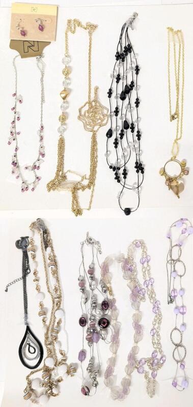 10 Assorted Vintage to Modern Necklaces + 1 Set of Earrings for Pierced Ears, Most Around 20" Long