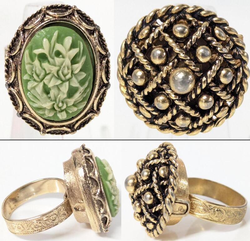 2 Vintage 1960s Signed VANDA Adjustable Poison Rings With Solid Perfume : Floral Lily Cameo Locket Canada & Studded Criss-Cross Pie Top USA