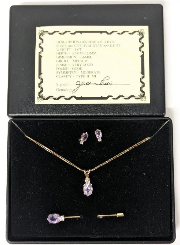 Gorgeous Authenticated Amethyst 4pc Set: Necklace, Stick Pin & Pair of Earrings for Pierced Ears in Gift Box with Certificate, Necklace 17" Long