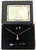 Gorgeous Authenticated Amethyst 4pc Set: Necklace, Stick Pin & Pair of Earrings for Pierced Ears in Gift Box with Certificate, Necklace 17" Long