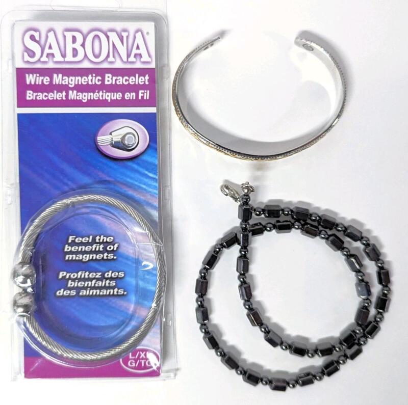 3 Pieces Magnetic Jewelry: Size L/XL Sabona Wire Magnetic Bracelet, Floral Vines Open-Cuff Bracelet & 16" Long Magnetic Hematite Necklace