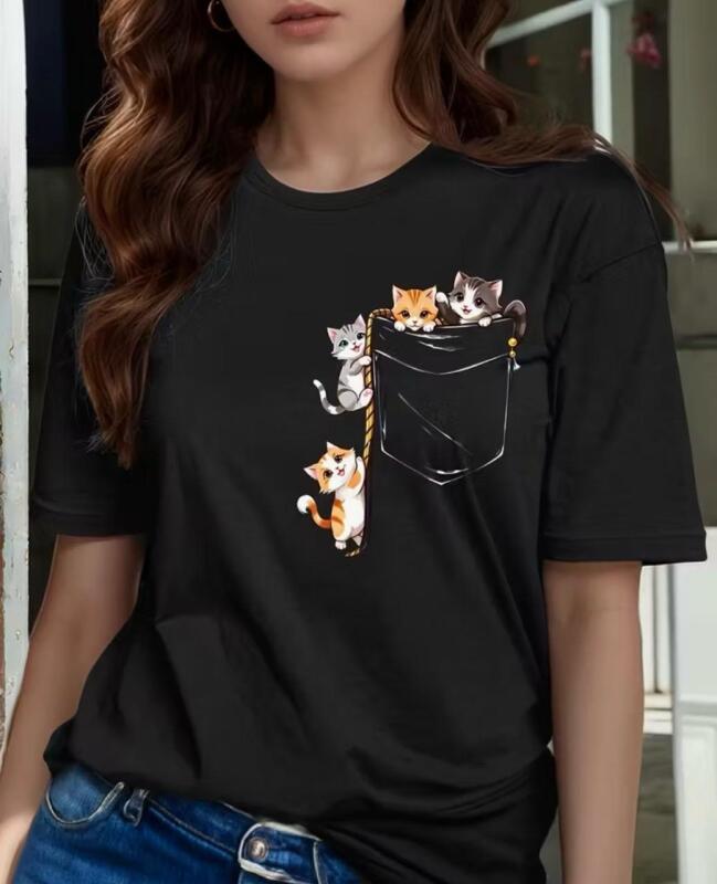 New Size L Pocket Cat Print Women&rsquo;s Short Sleeve Round Neck Pocket Cute Pocket Cat Pattern Sweat Absorbent, Breathable 92% Polyester 8% Elastane Machine Wash stock photos added