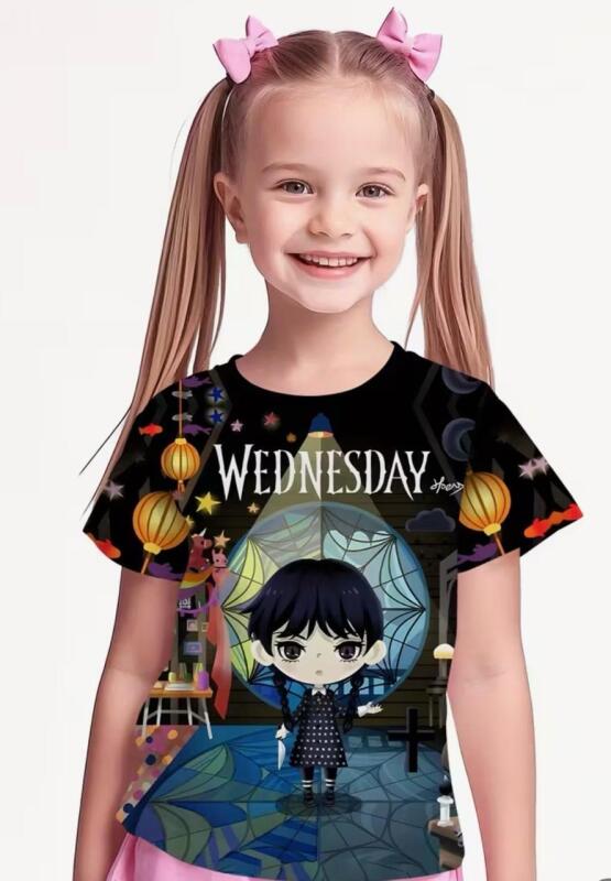 New Size 11-12Y Girls' Wednesday Manga Graphic Tee Machine Washable 100% Polyester Stock photos added
