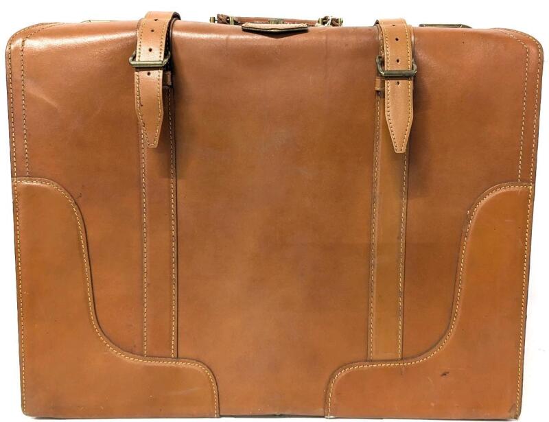Large Vintage Mid Century Modern Leather Suitcase, 24" &times; 9" &times; 18.75", Locks Do Not Set Easily, Wear On Inside, No Odor, Without Key
