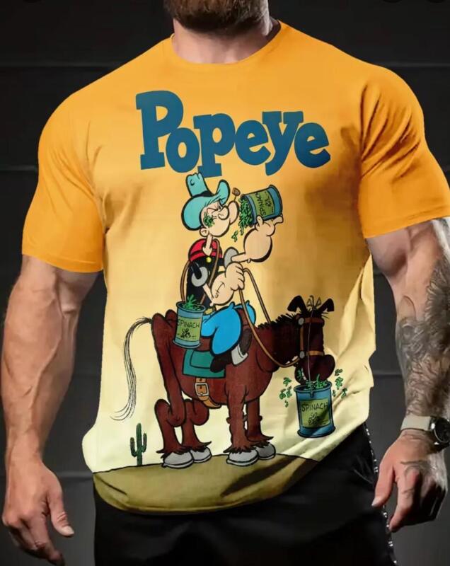 New Size Medium Men's Popeye the Sailor Horse Cactus 3D Print T-Shirt Vibrant Yellow & Blue Graphic Tee Short Sleeve Top 100% Polyester Machine Wash Stock Photos added