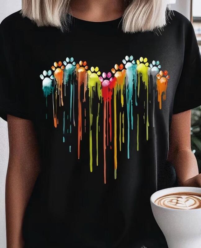 New Women's Paw Print Casual Short Sleeve T-Shirt - Black Heart Dripping Paint Art Graphic Tee, Round Neck Machine Washable 95% Polyester 5% Elastane Stock photos added