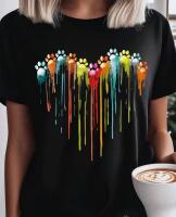 New Women's Paw Print Casual Short Sleeve T-Shirt - Black Heart Dripping Paint Art Graphic Tee, Round Neck Machine Washable 95% Polyester 5% Elastane Stock photos added
