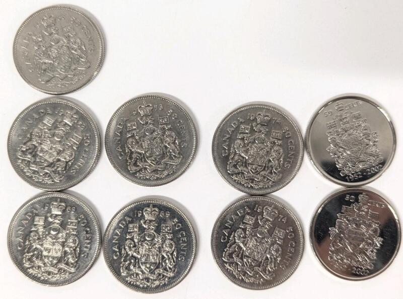 1968-1974 + 2002 Canadian 50 Cent Coins, Lot of 9 Coins