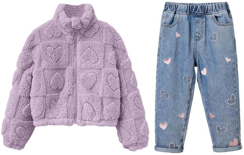 2pc New Size 7Y Girls Super Fuzzy Heart Jacket & Embroidered Hearts Elastic Waist Jeans