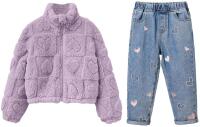 2pc New Size 7Y Girls Super Fuzzy Heart Jacket & Embroidered Hearts Elastic Waist Jeans