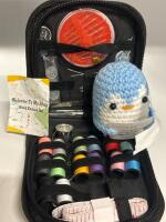 Handmade Crochet Positive Penguin with Saying / Approximately 74pcs All-in-One Travel Sewing Kit with Zippered Case - Complete Travel & Emergency Sewing Supplies with Thread, Scissors, Tape Measure, Threader and Other Accessories
