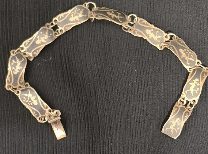 1940's Siam Sterling Link Panel Neillo Bracelet with Black Enamel - Dancing Mekhala Goddess Of Lightning 6.4" long