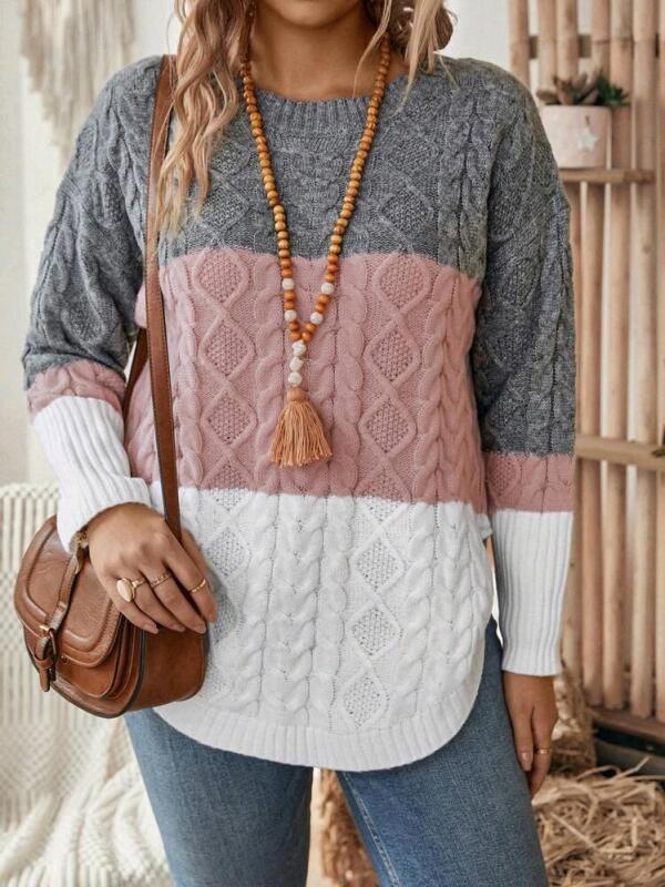 New Size 0XL Women's Cable Knit Tricolor Color Block Sweater