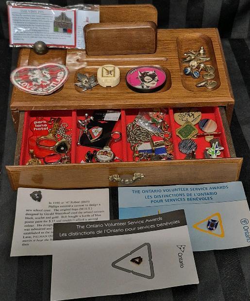Vintage Men's Dresser Lot - Wooden Box, Pins, Cuff Links, Patch +
