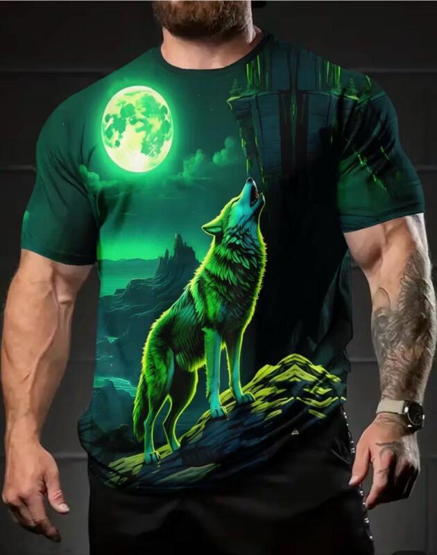 New Size XL Men&rsquo;s Glow-in-the-Dark Wolf Howl T-Shirt 3D Digital Print Green & Blue Neon Design, Casual Short Sleeve Stretchable Fabric Machine Wash 100% Polyester Stock Photos added