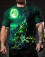 New Size XL Men&rsquo;s Glow-in-the-Dark Wolf Howl T-Shirt 3D Digital Print Green & Blue Neon Design, Casual Short Sleeve Stretchable Fabric Machine Wash 100% Polyester Stock Photos added