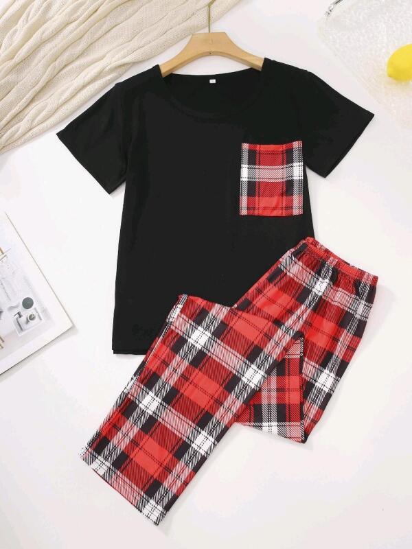 New Size Small Womens 2pc Plaid Front Shirt Pocket & Elastic Sleep Pants Pajama Set