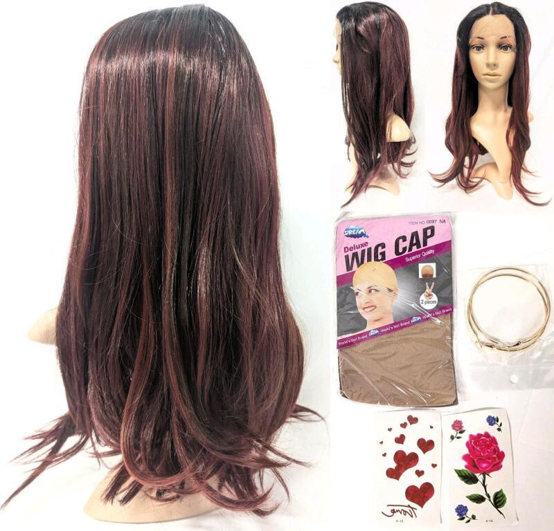 New 22" Synthetic Red Ombre Over Brown Lace-Front Wig With Wig Cap, 2.5" Diameter Hoop Earrings & Decal Stickers