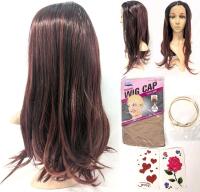 New 22" Synthetic Red Ombre Over Brown Lace-Front Wig With Wig Cap, 2.5" Diameter Hoop Earrings & Decal Stickers