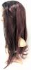 New 22" Synthetic Red Ombre Over Brown Lace-Front Wig With Wig Cap, 2.5" Diameter Hoop Earrings & Decal Stickers - 3
