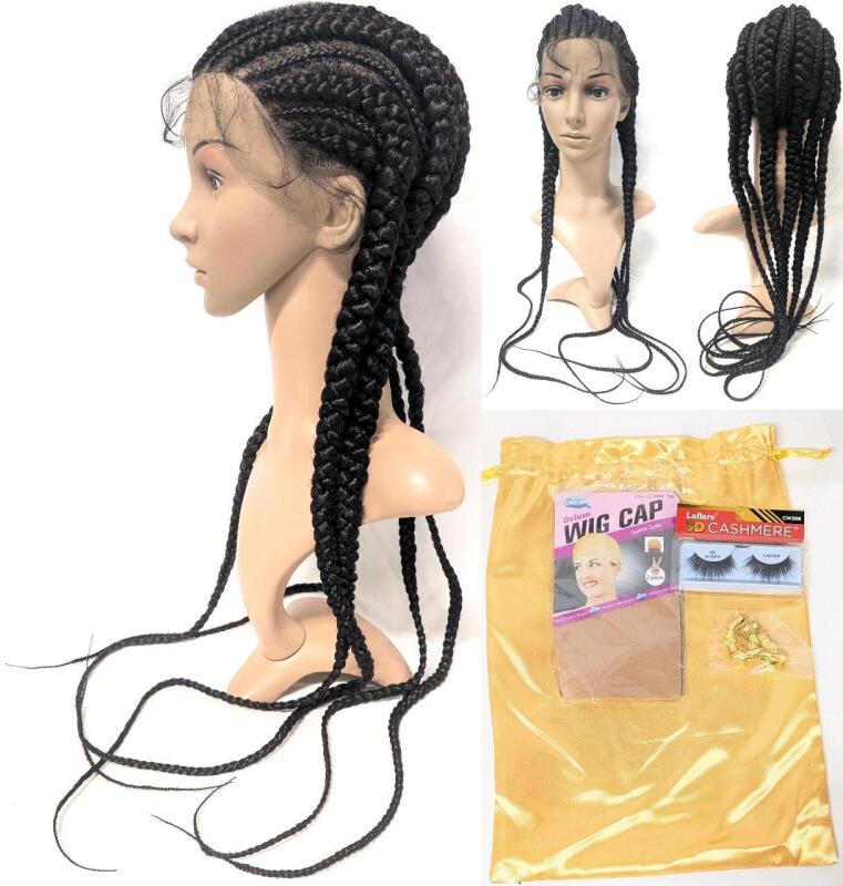 New 30" Long Lace Front 6-Braid Wig With Braid Beads, Wig Cap & 3D Wispy False Eyelashes (Unable to Determine if Human Hair Or Artificial)