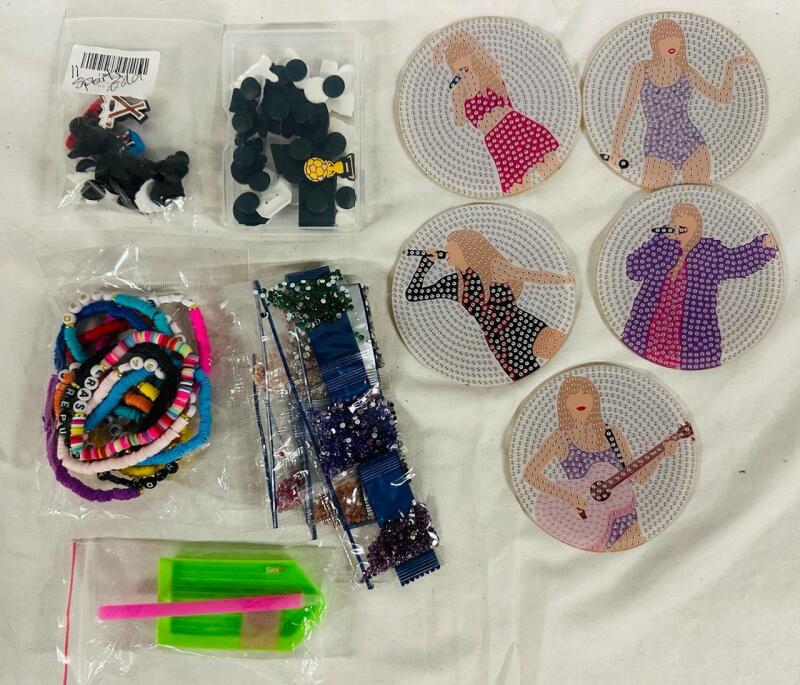 Assorted Crafting Supplies, Includes Taylor Swift Friendship Bracelets, Taylor Swift Diamond Art Coaster Set, and Assorted Sports-Themed Show Decorations