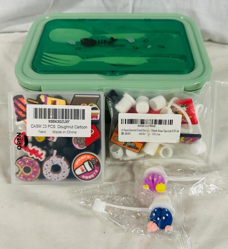 Assorted Food Storage/Decorative Items, Includes Bento Lunch Box with Cutlery, 23Pc Donut Cartoon Decorations, and 12 Decorative Straw Toppers