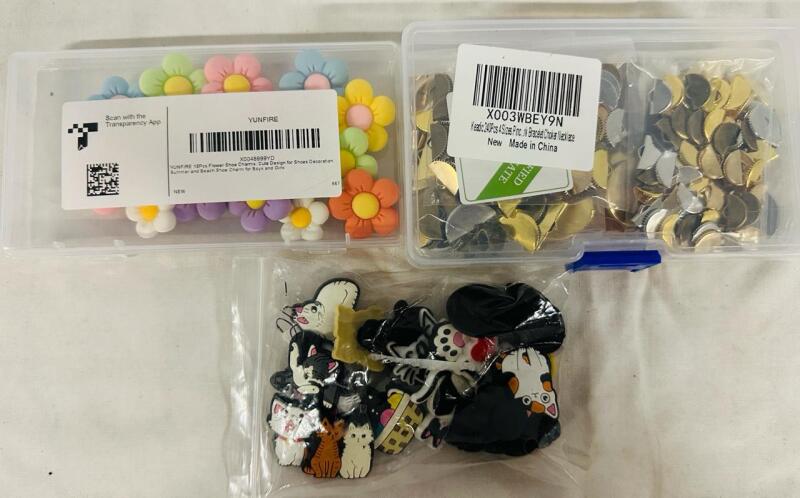 3 New Sets for Jewelry Making and Decoration; Includes 240Pc Jewelry Crimp Fasteners, 15Pc Flower Shoe Charms, and 20Pc Cat Shoe Charms