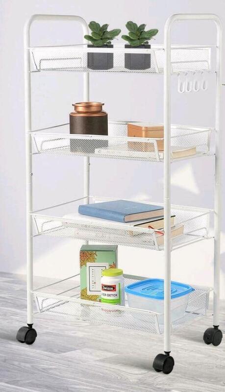 New 4-Tier Rolling Utility Cart, Metal Basket Shelf Storage With Wheels