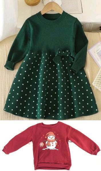 2 New Size 7Y Girls : Adorable Knit Super Soft Jumper Dress & Super Cute Snowman Graphic Sweatshirt