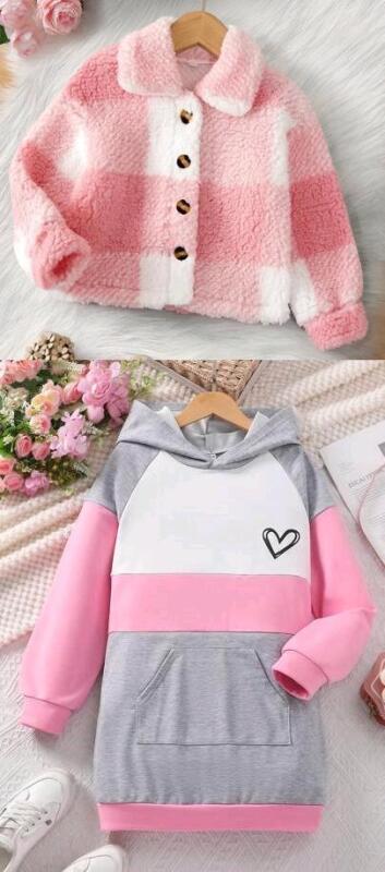 New Size 7Y/130(8Y) Girls Tops: Super Fuzzy Plaid Button-Up Jacket & Striped Heart Lightweight Hoodie Top