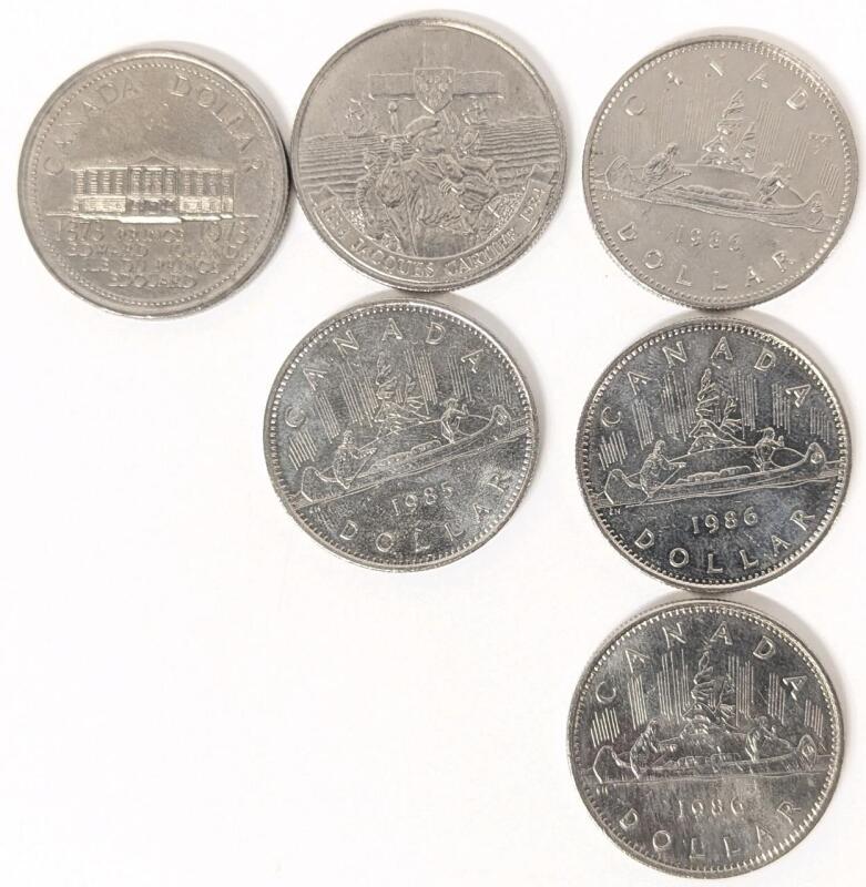 1973 + 1984-86 Canadian $1 Dollar Coins, Lot of 6