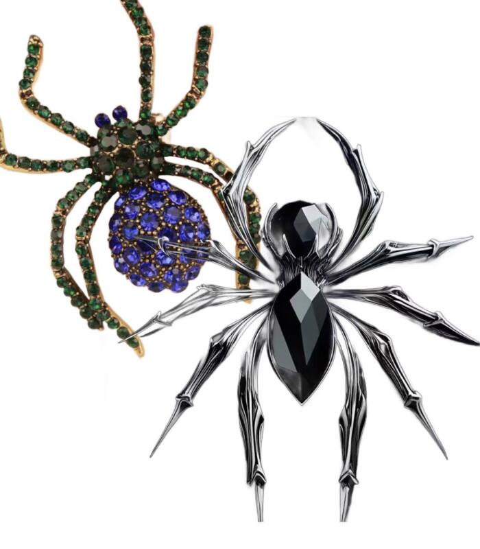 Two Vintage Inspired Great Spider Brooches One Green and Blue Rhinestones One with Two Black Cabochons 1.75-2&rsquo;&rsquo;