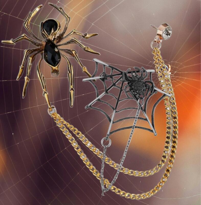 Two Vintage Inspired Spider Chatelaine Brooches Rhinestones